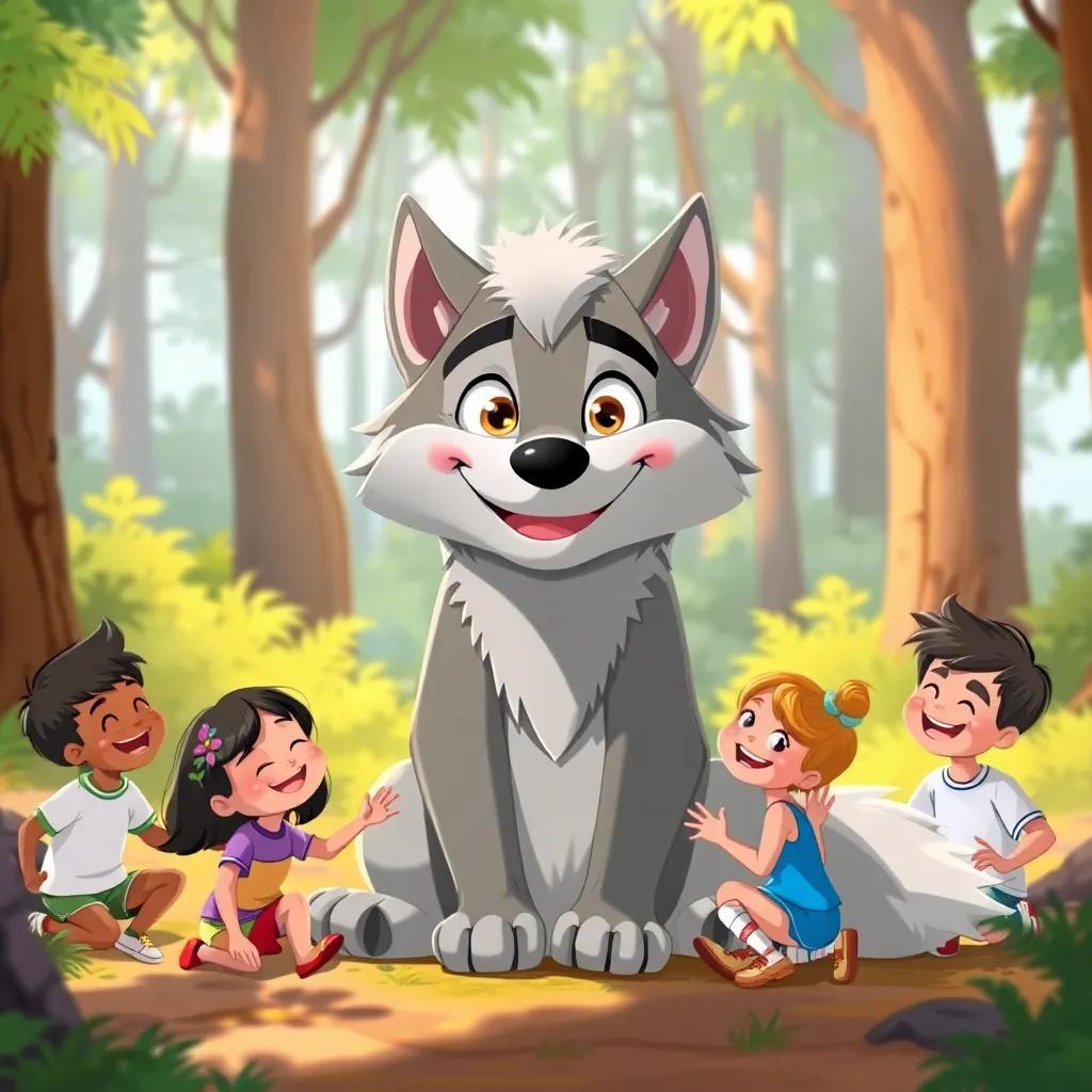 A big wolf, Lobo Mau, with grey fur and friendly eyes, sitting happily in a sunny forest clearing with children around him, celebrating together, illustration, cheerful, colorful, joyful atmosphere