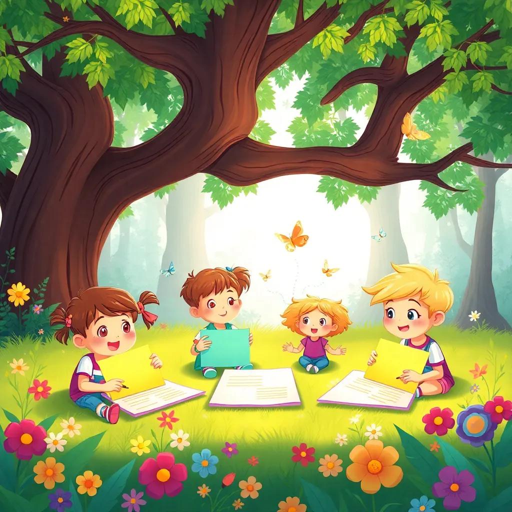 Children writing colorful invitations on bright paper under a large tree in the forest, excited expressions, surrounded by flowers and butterflies, vibrant illustration, playful, fun, happy