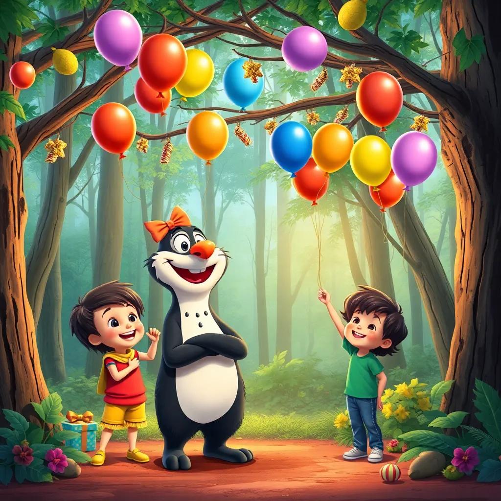 A festive scene in the forest, with Lobo Mau and children hanging colorful balloons and decorations on tree branches, smiling and laughing, detailed illustration, bright colors, inviting atmosphere