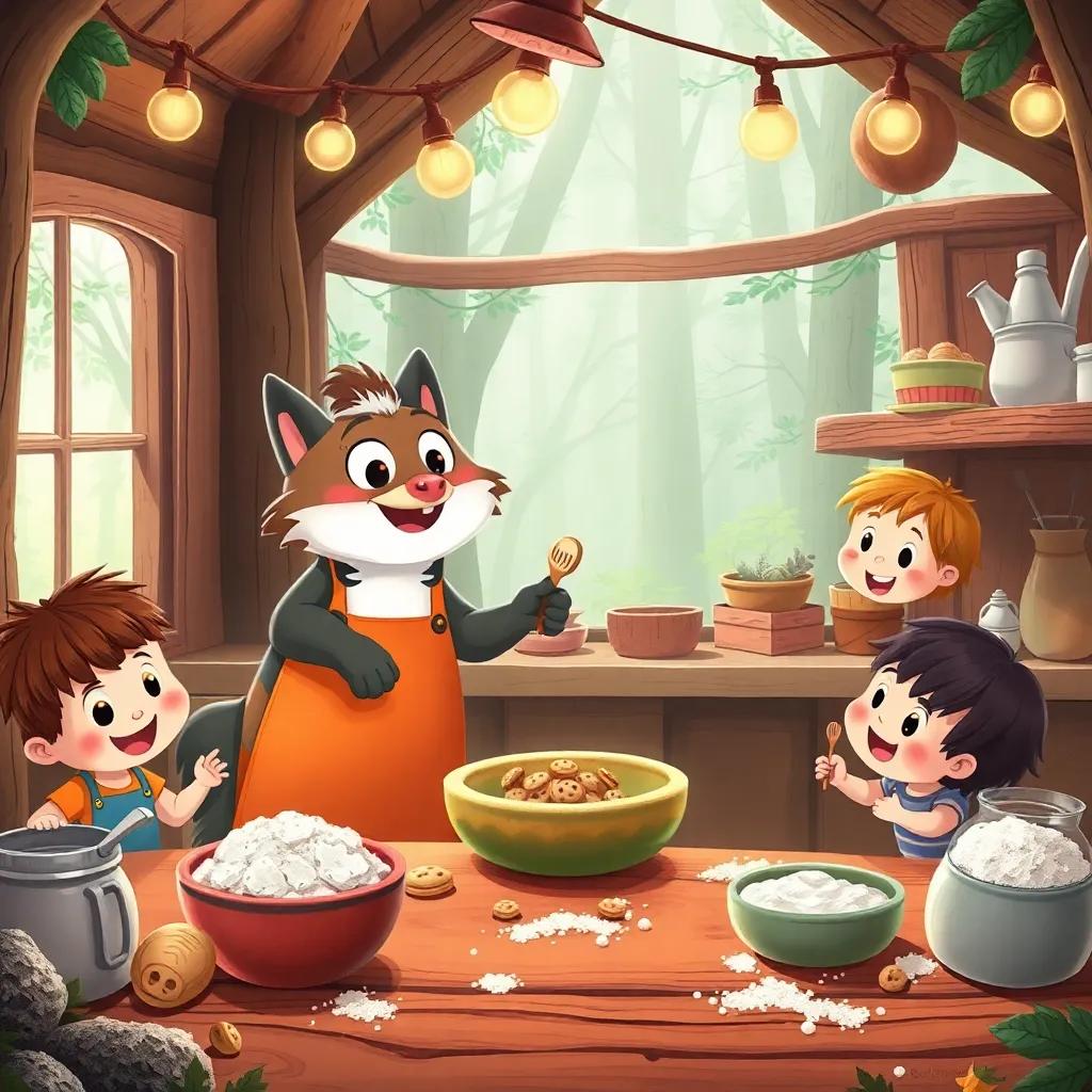 Lobo Mau preparing cookies in a cozy forest kitchen with children helping, flour and ingredients everywhere, cheerful and funny expressions, whimsical illustration, warm and friendly