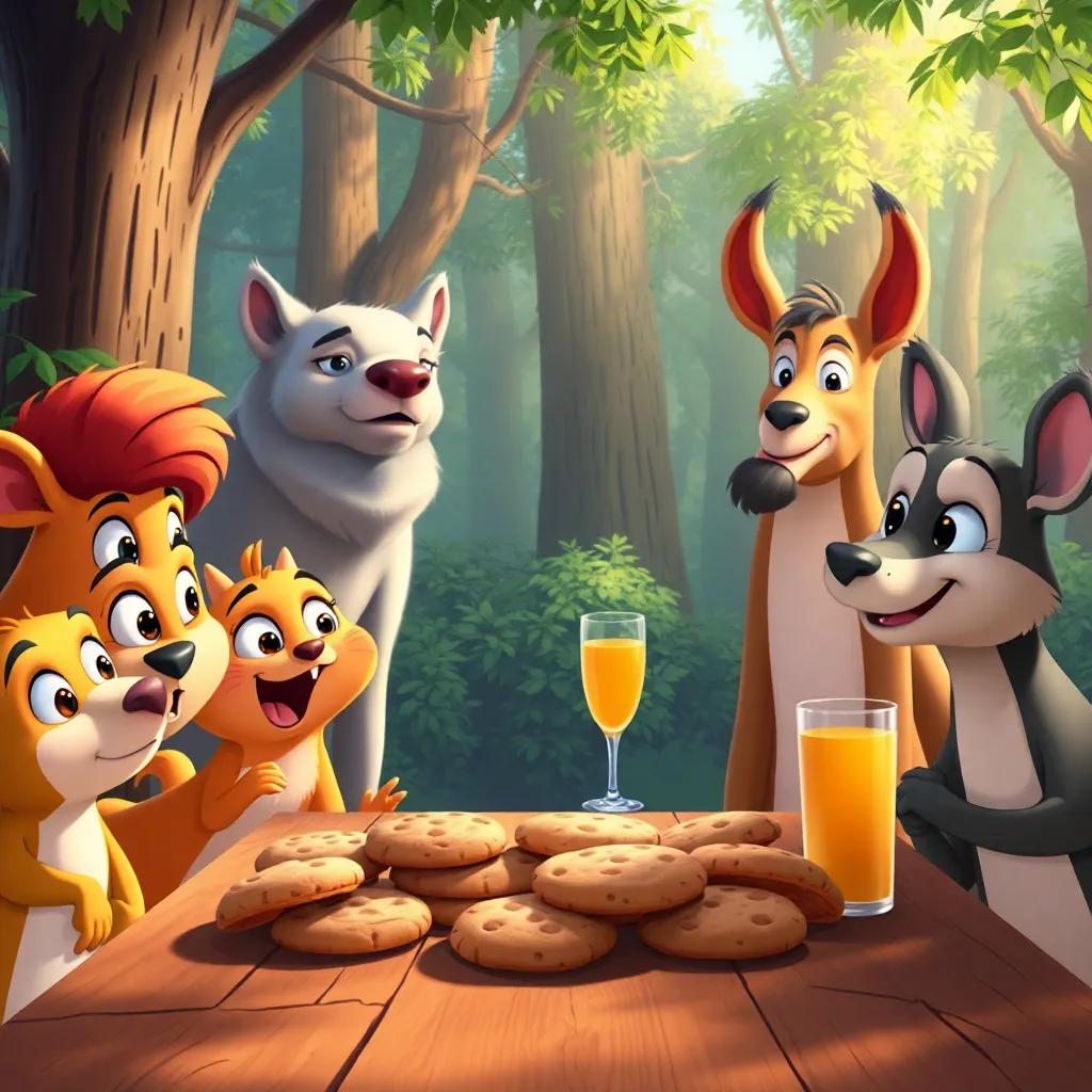 Animals of the forest looking surprised and curious as they approach a big table filled with tasty cookies and juice, vibrant colors, excitement in the air, welcoming illustration