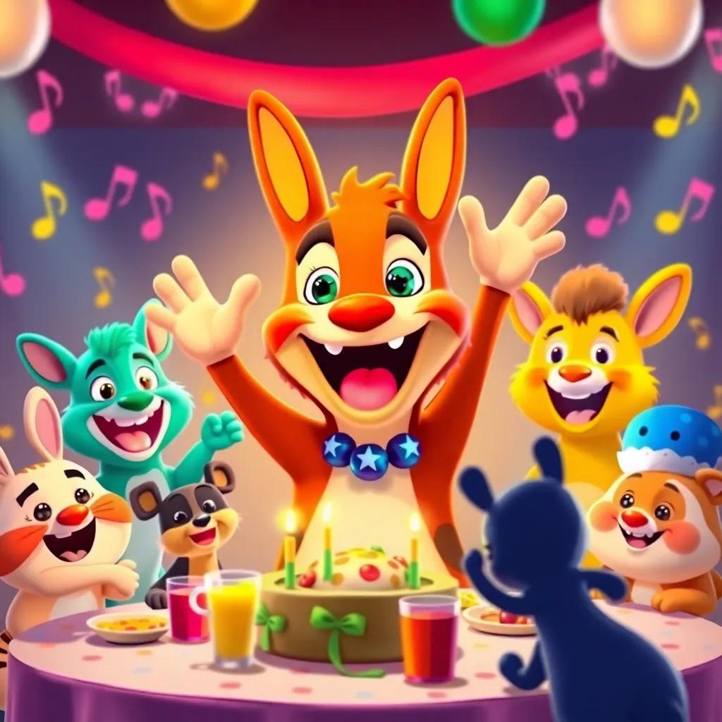 Lobo Mau waving happily as animals gather around the festive table, joyful expressions, colorful party scene with music notes around, bright and lively