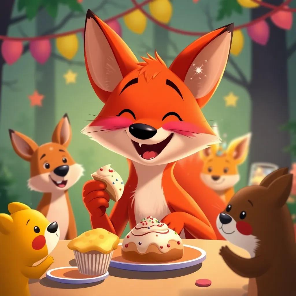 A happy red fox sampling treats at the party, smiling with delight, surrounded by celebrating forest animals, festive atmosphere, cheerful illustration