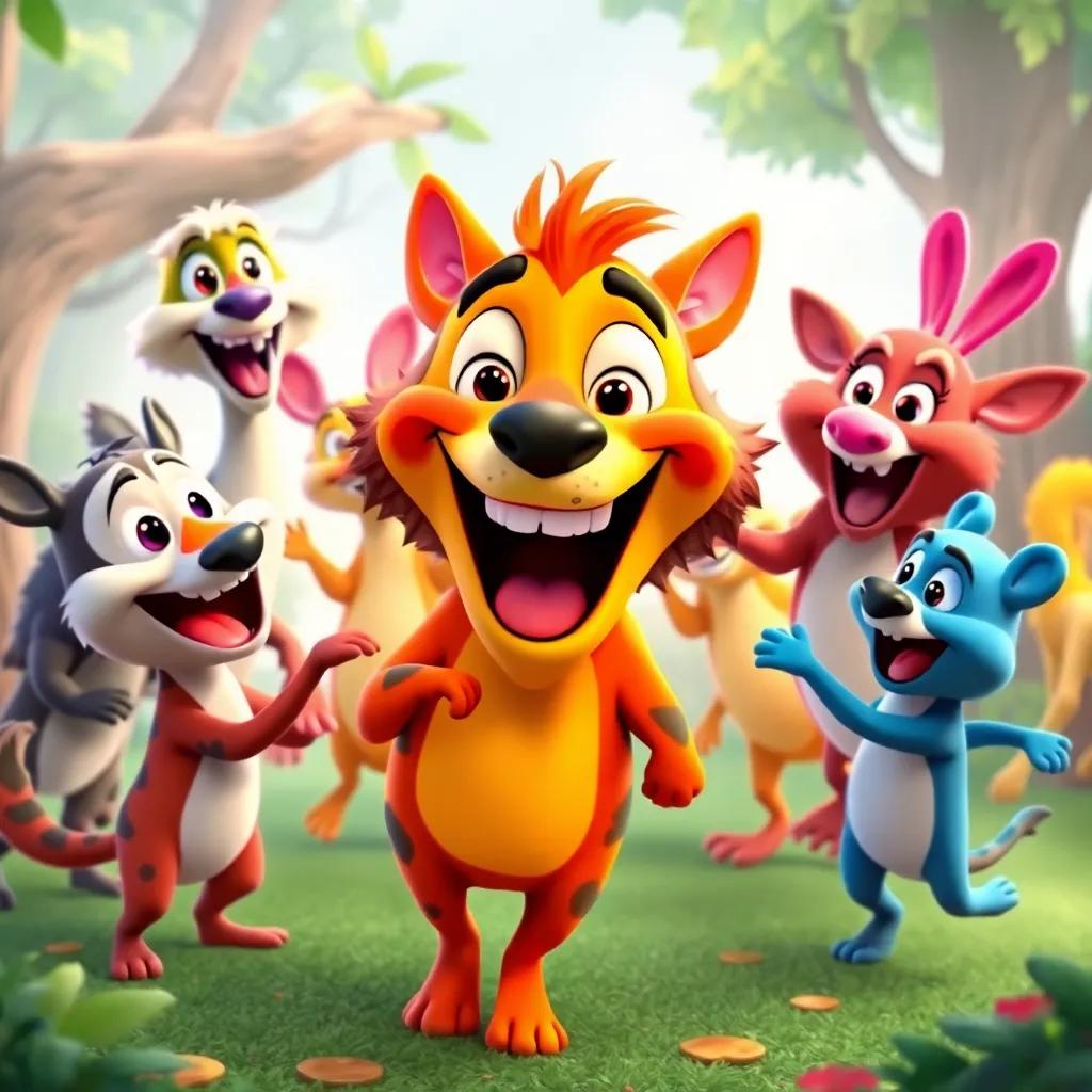 Lobo Mau, now with a big smile, sharing funny stories with different forest animals dancing together, colorful and energetic scene, joyful