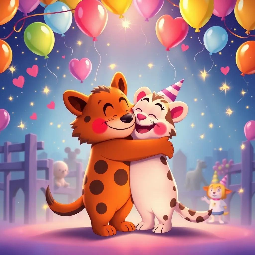 All the animals and Lobo Mau hugging at the end of the party, surrounded by sparkles and balloons, a scene of friendship and love, radiant colors, heartwarming illustration