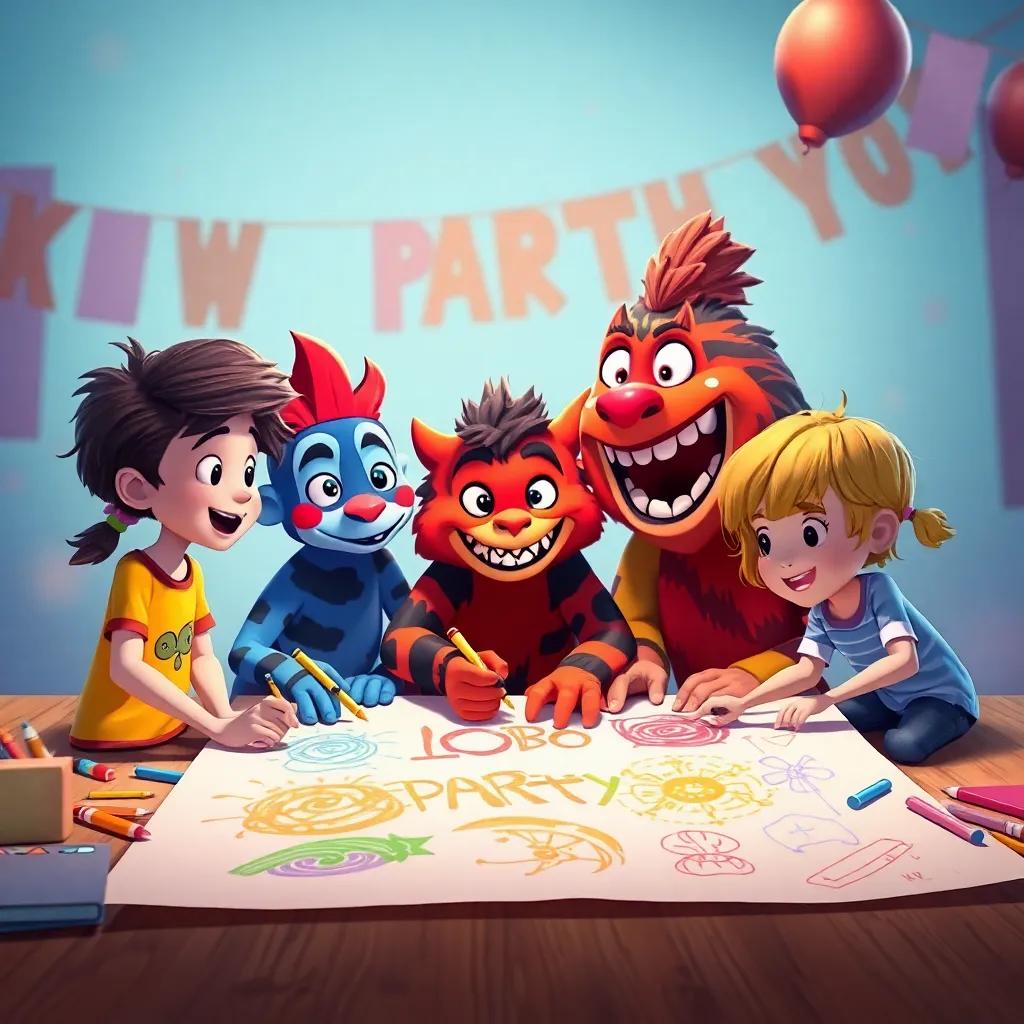 Lobo Mau and children planning more parties together, drawing colorful designs on a big piece of paper, expressions of excitement, lively and imaginative atmosphere