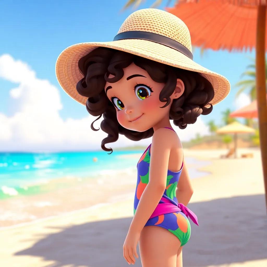 A young girl named Mia, with curly brown hair, wearing a colorful swimsuit and a big sun hat, standing on a sunny beach looking at a shiny map, digital art, bright colors, cheerful atmosphere, high quality