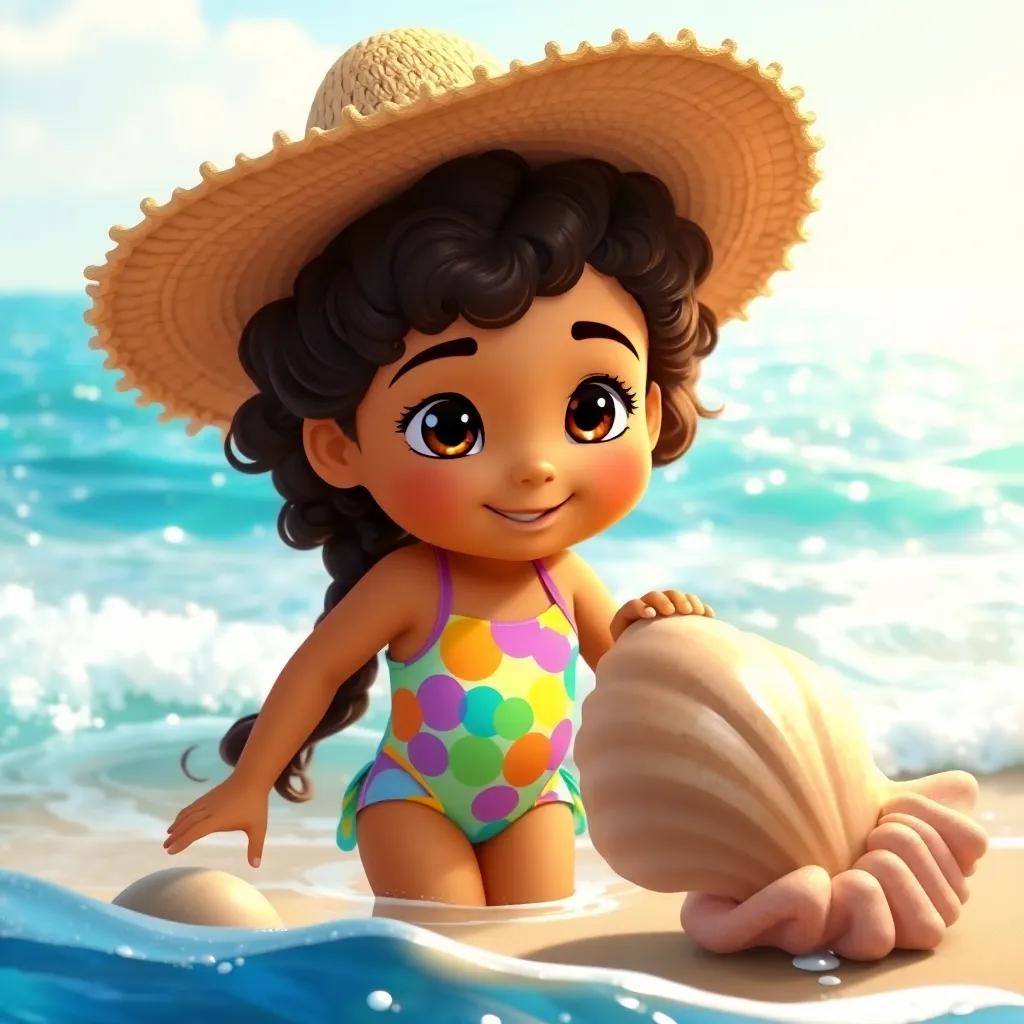 Mia, a young girl with curly brown hair, wearing a colorful swimsuit and a big sun hat, discovering a large shiny seashell near the sparkling ocean waves, illustration, vibrant, child-friendly, adventurous