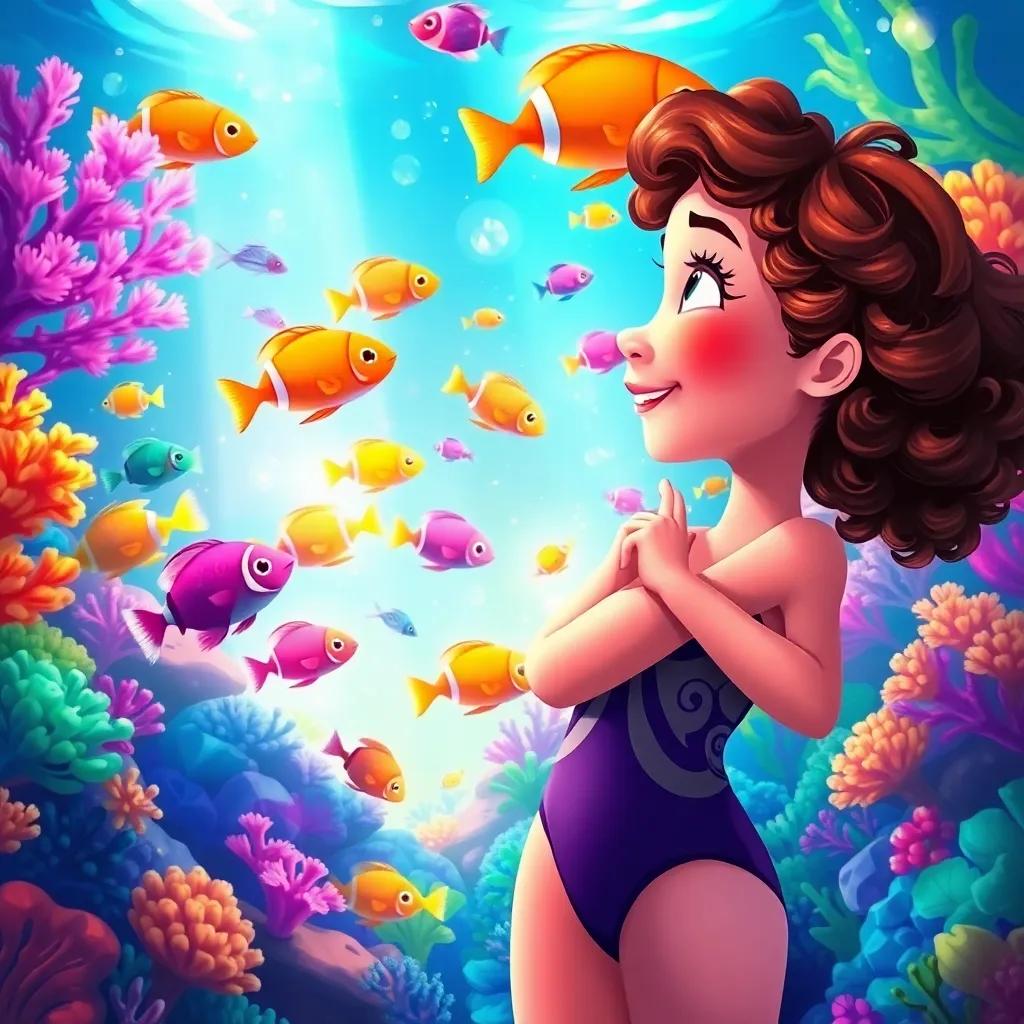 A colorful underwater scene with Mia, a young girl with curly brown hair in a swimsuit, watching colorful fish swimming among bright corals and sea creatures, digital painting, lively colors, enchanting environment, joyful
