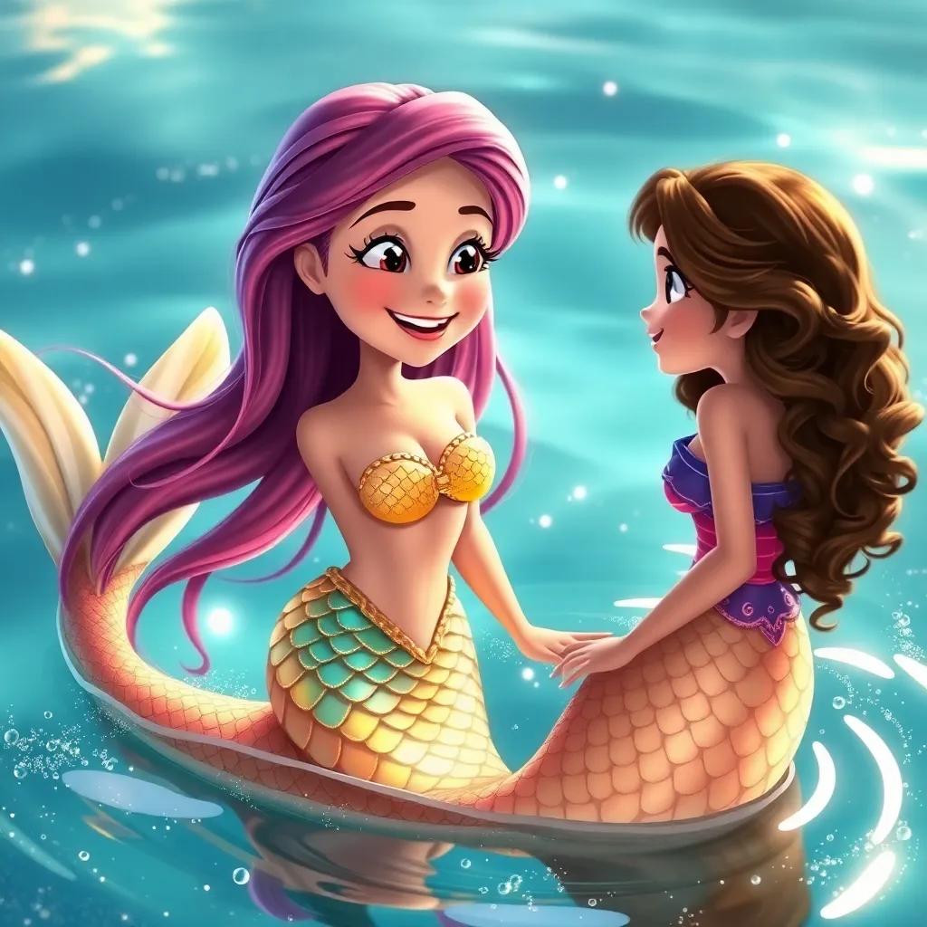 A friendly sea mermaid with long flowing hair, bright scales, and a warm smile, talking to Mia, a young girl with curly brown hair, as they float in sparkling water, magical, detailed, enchanting, fantasy