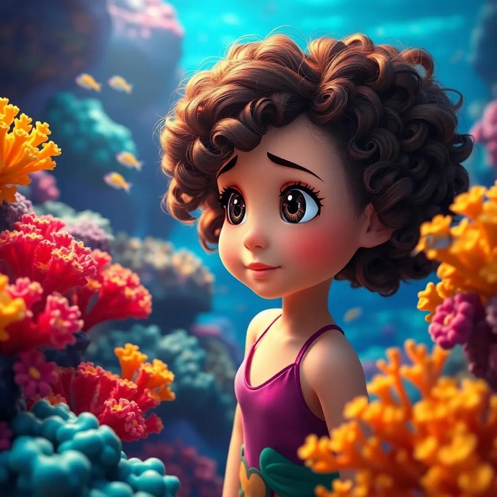 Mia, a young girl with curly brown hair in a swimsuit, looking at colorful corals with small fish swimming around, discovering the beauty of the underwater world, bright colors, inviting atmosphere, underwater perspective