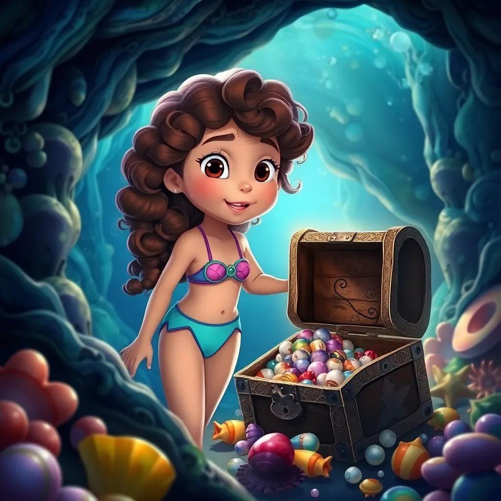 Mia, a young girl with curly brown hair in a swimsuit, entering a mysterious underwater cave with a treasure chest filled with colorful shells and pearls, adventure-themed, magical, vibrant