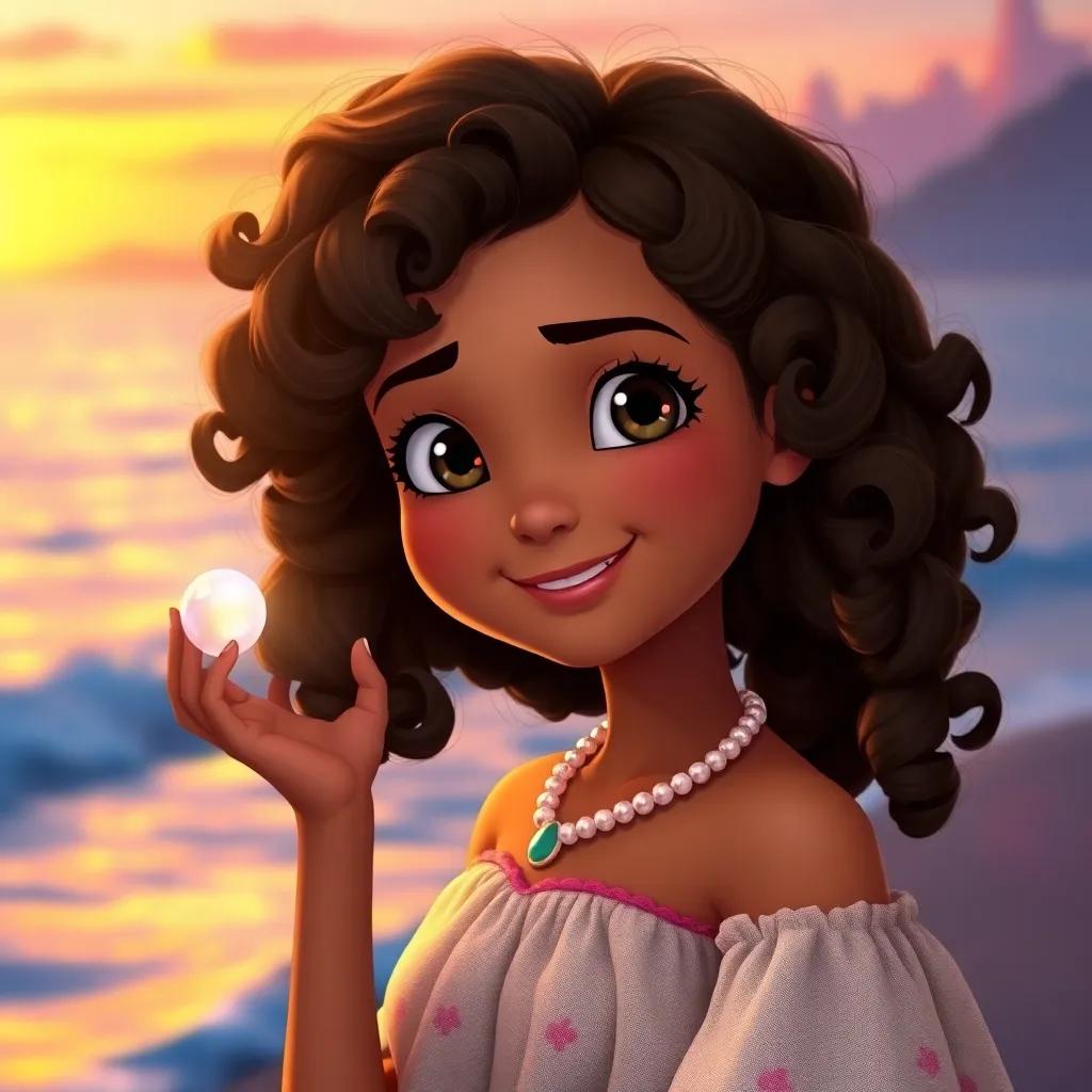 Mia, a young girl with curly brown hair, holding a beautiful pearl in her hand, standing happily by the ocean, looking determined and proud, colorful sunset, warm light, high quality
