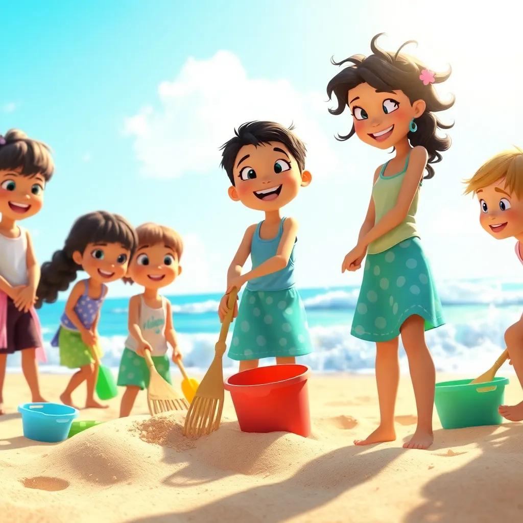 A joyful group of children, including Mia, cleaning the beach and playing in the sand, surrounded by a sunny beach scene with ocean waves, vibrant, uplifting, heartwarming