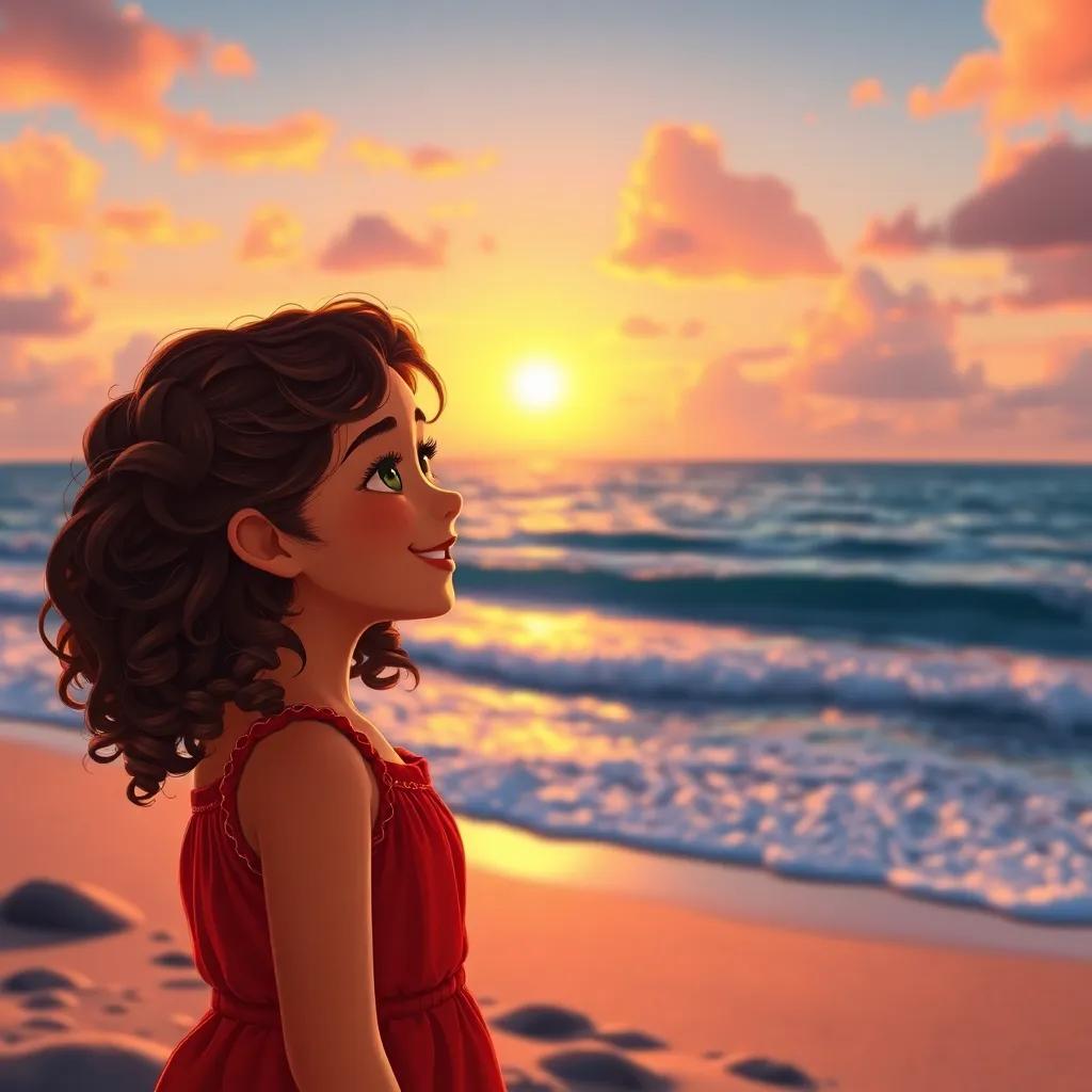 Mia, a young girl with curly brown hair, looking at a beautiful ocean from the beach, smiling at the sunset, realizing she is now a guardian of the ocean, warm colors, heartwarming atmosphere, inspiring