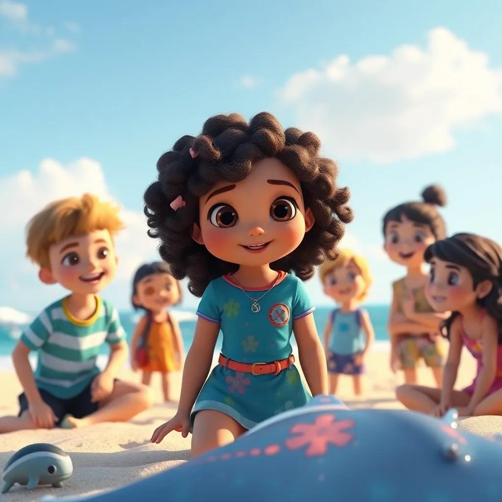 Mia, a young girl with curly brown hair, surrounded by her friends on the beach, discussing the importance of protecting the ocean, child-friendly, bright colors, vibrant energy, uplifting