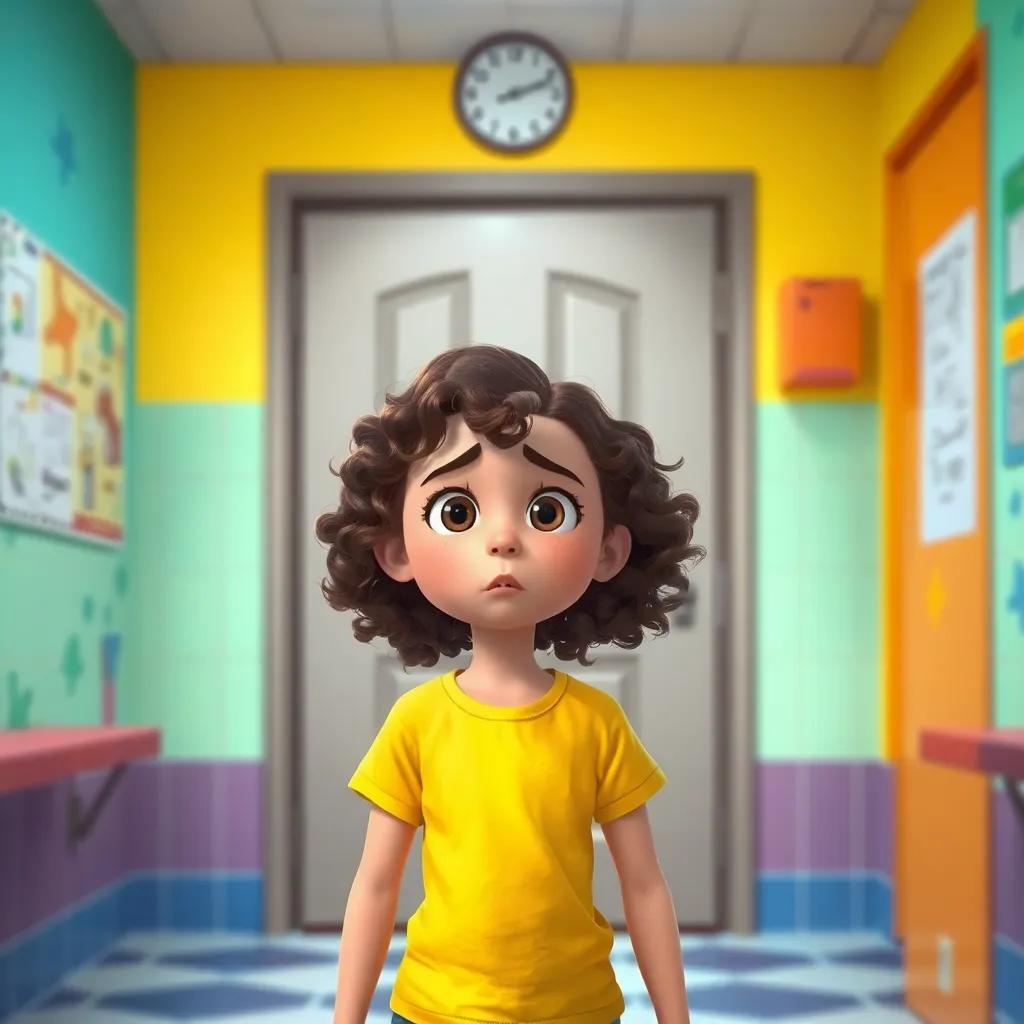 A young girl, Laura, with curly brown hair and a bright yellow t-shirt, standing in front of a school's bathroom door, her expression a mix of fear and determination, colorful school setting, digital art, cheerful atmosphere, vibrant colors, focus on character and background