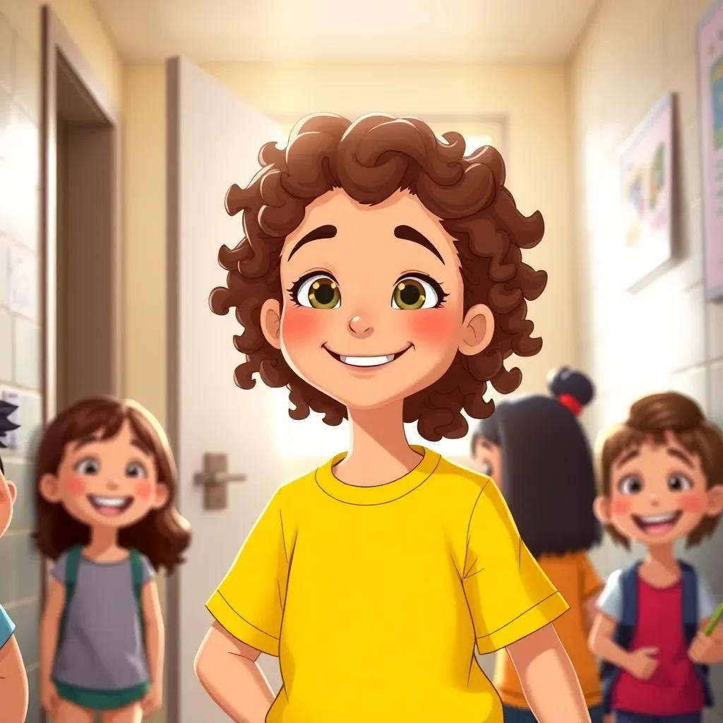 Laura, a young girl with curly brown hair and a bright yellow t-shirt, smiling confidently as she exits the bathroom, sunlight streaming in from the classroom, surrounded by friends with happy expressions, illustration, joyful scene, child-friendly