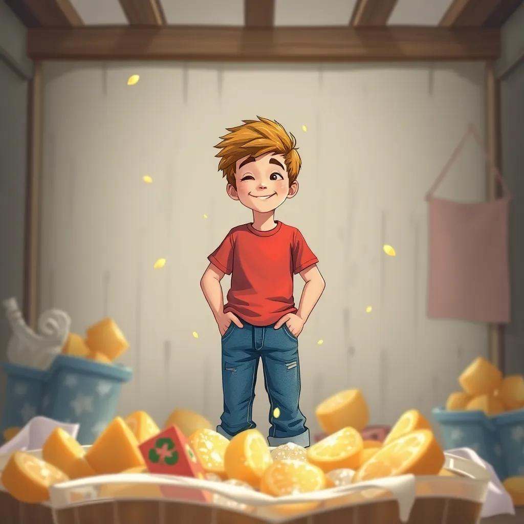 Pedro, um menino brasileiro de 11 anos, com cabelo castanho, vestindo uma camiseta e calças jeans, sorrindo diante de um foguete feito de sucata, em um quintal cheio de reciclagem, ilustração digital, vibrante, alegre, perspectiva infantil, altamente detalhado