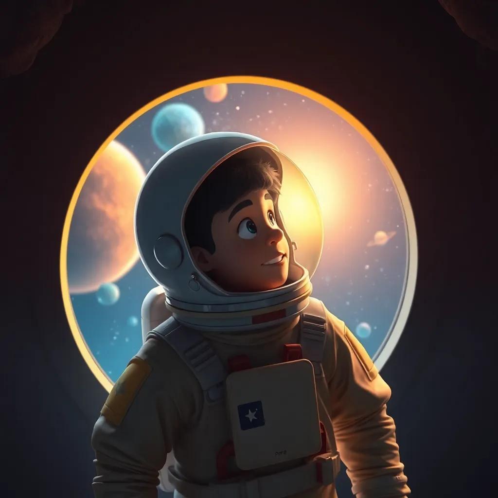 Pedro, com o capacete de astronauta, dentro do foguete, olhando para o espaço através de uma janela, cercado por estrelas e planetas coloridos, arte de ficção científica, realista, iluminado nas cores do espaço, qualidade alta