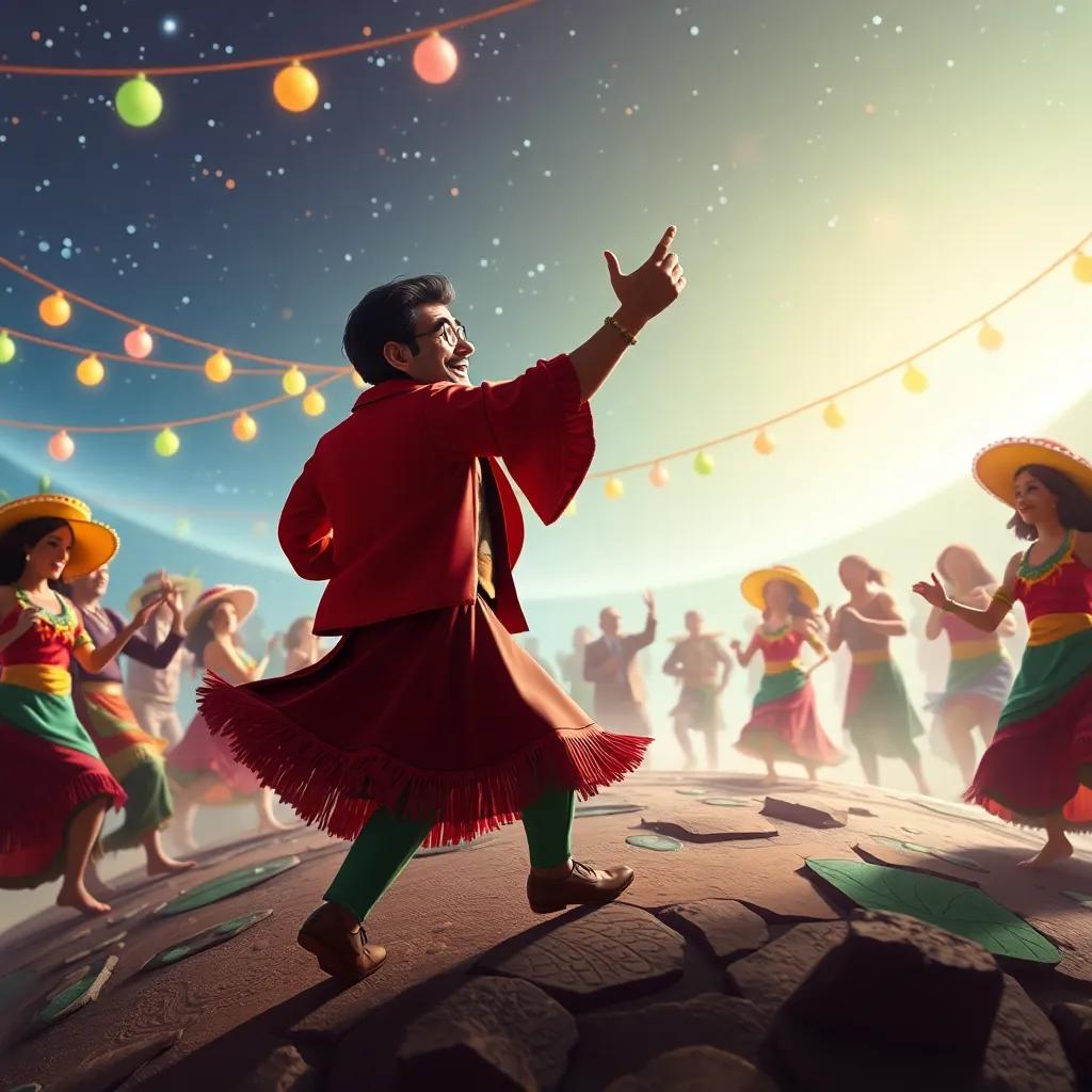 Pedro dançando em um planeta com pessoas vestidas com roupas da Bahia, cenário festivo com bandeirinhas e dançarinos, atmosfera de festa, alegre, cores vivas, muita emoção, qualidade artística