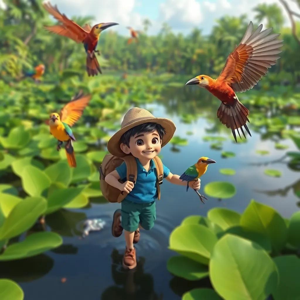 Pedro explorando o Pantanal, cercado por jacarés e aves coloridas, tudo em um ambiente natural exuberante, digital art, vibrante, impressionante, amigável, visual rico