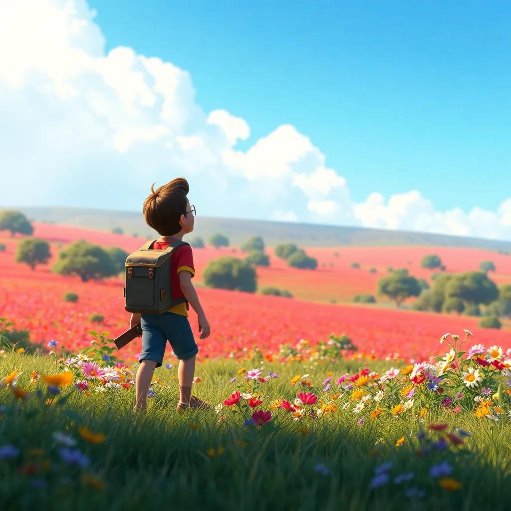 Pedro caminhando pelo Cerrado, com flores e savanas ao redor, admiração em seu olhar, com um céu azul claro, arte digital, coração otimista, animado, detalhes vivos