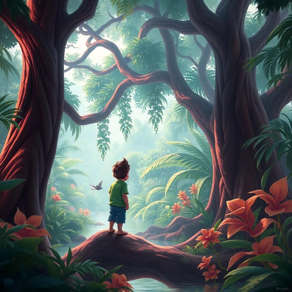 Pedro em uma floresta amazônica, cercado por árvores enormes e um rio, escutando histórias de um ancião, atmosfera de sabedoria e paz, digital art, mágico, envolvente, cores naturais