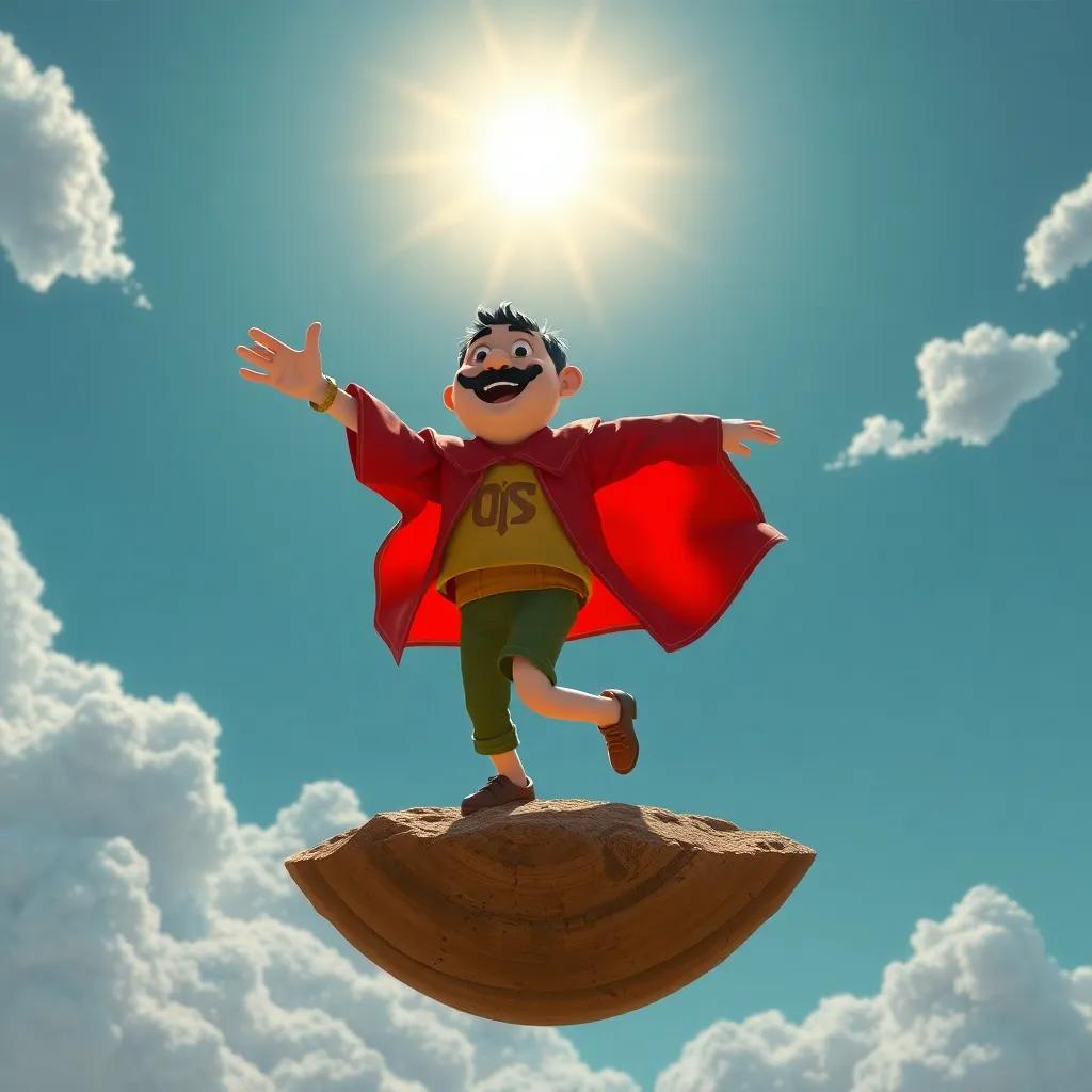 Pedro em um planeta do Nordeste, dançando ao som de uma sanfona, com sol brilhante e areia ao fundo, alegria contagiante, ilustração digital, cheia de movimento, emocionante