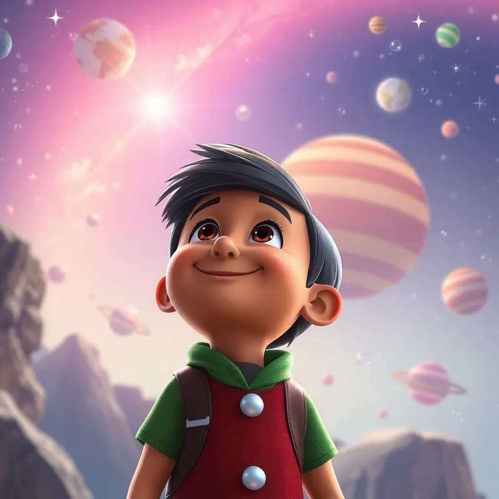 Pedro, olhando para os planetas a partir de seu foguete, com um brilho nos olhos e um sorriso sonhador, refletindo sobre suas aventuras, arte digital, serena, esperançosa, cor vibrante