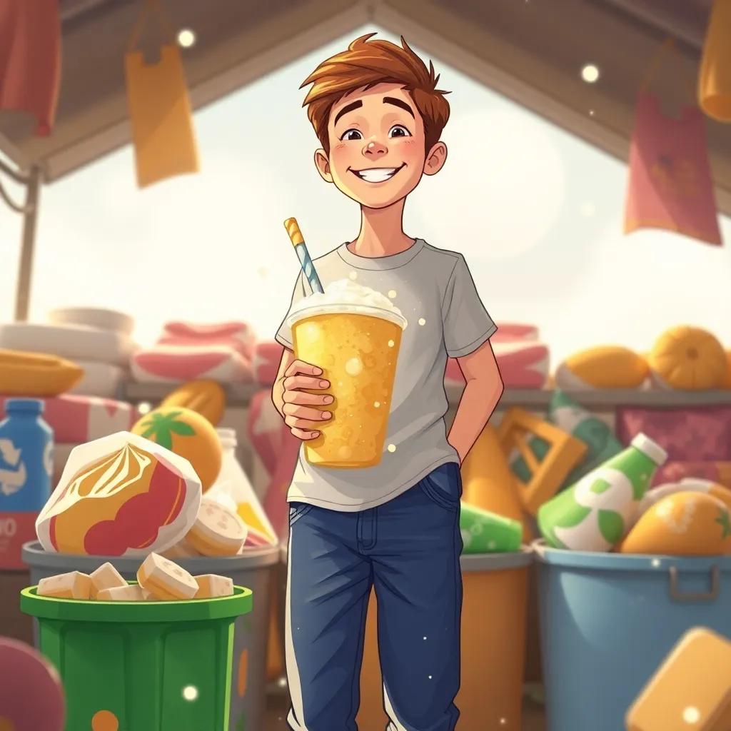 Pedro, um menino brasileiro de 11 anos, com cabelo castanho, vestindo uma camiseta e calças jeans, sorrindo diante de um foguete feito de sucata, em um quintal cheio de reciclagem, ilustração digital, vibrante, alegre, perspectiva infantil, altamente detalhado