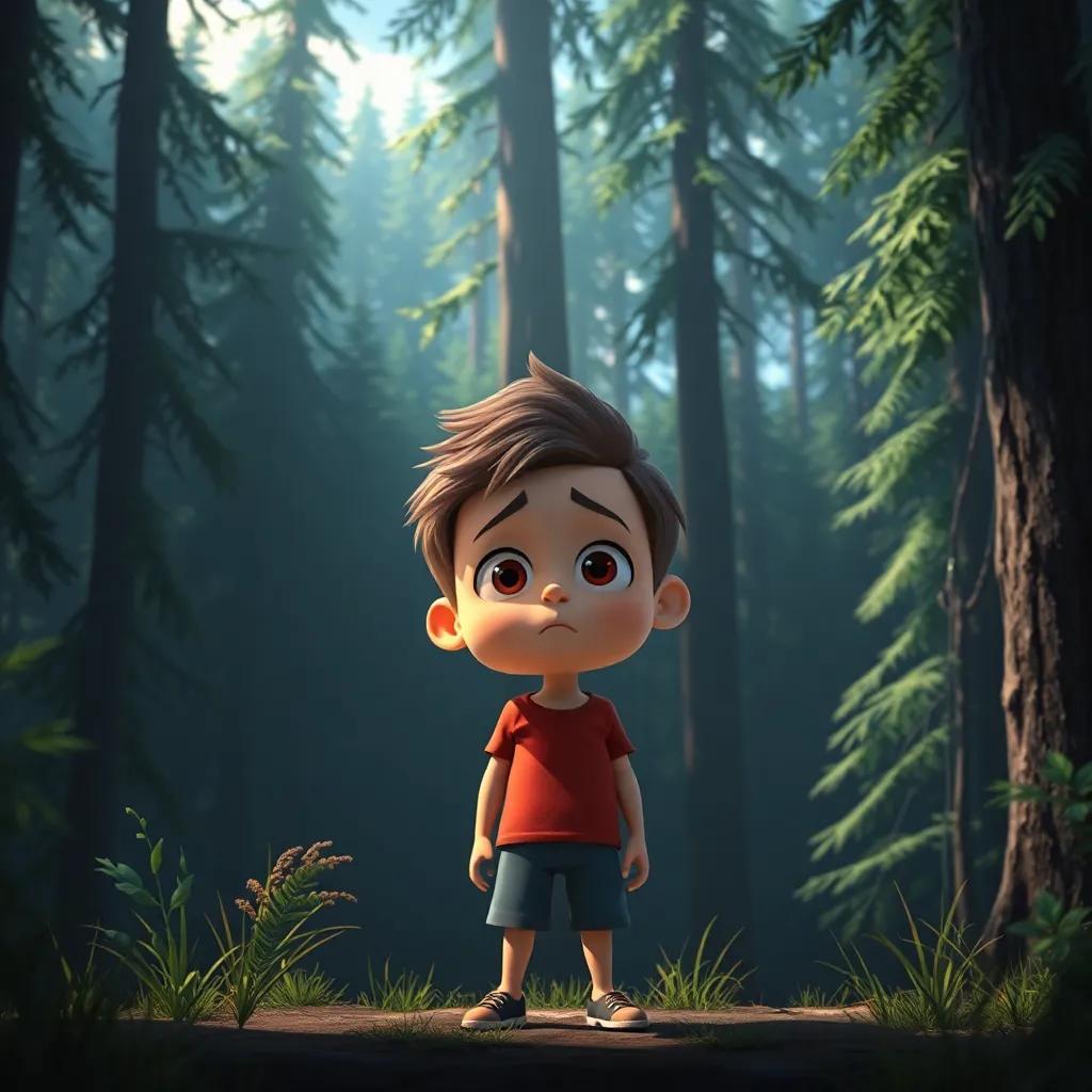 A scared boy standing at the edge of a dense forest, with tall trees and dark shadows, looking nervous but brave, digital art, vibrant colors, high-quality, adventurous atmosphere