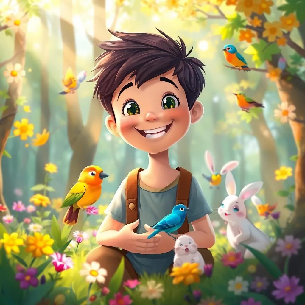 The brave boy inside the forest, smiling and playing with colorful birds and bunnies, surrounded by bright flowers and sunlight filtering through the trees, cheerful illustration, warm colors, inviting atmosphere