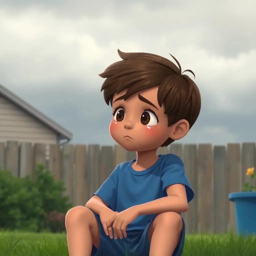 A young boy, Pedro, with short brown hair, wearing a blue t-shirt and shorts, sitting in his backyard looking sad with tears in his eyes, gloomy sky in the background, digital art, soft colors, emotional atmosphere, heartwarming view, high quality