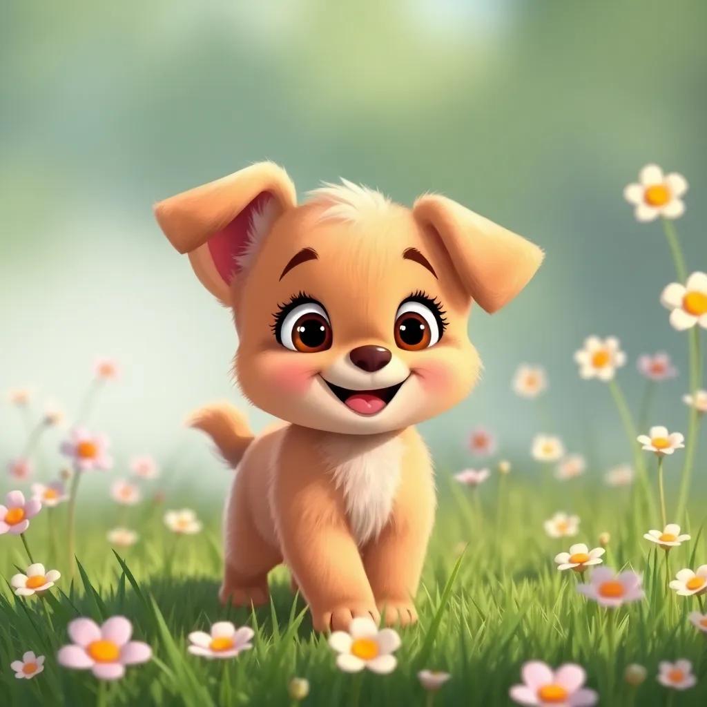 A small puppy, Lila, with fluffy light brown fur and big expressive eyes, gently approaching Pedro wagging her tail, joyful expression, grass underneath and flowers blooming around, illustration, bright colors, cheerful atmosphere, high quality