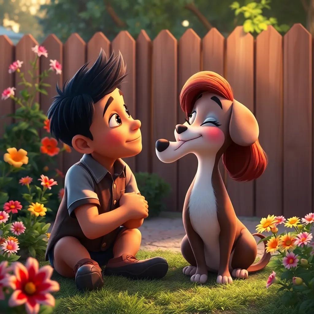 Pedro looking at Lila, feeling comforted as she licks his face, they are surrounded by a cozy yard with colorful flowers and a wooden fence, digital painting, warm tones, uplifting scene, high quality