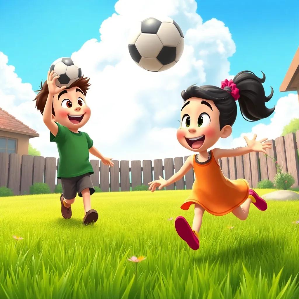 Pedro throwing a ball in the yard while Lila runs excitedly after it, both characters filled with joy and energy, lush green grass, beautiful sky, cartoon style, vibrant colors, fun atmosphere, high quality