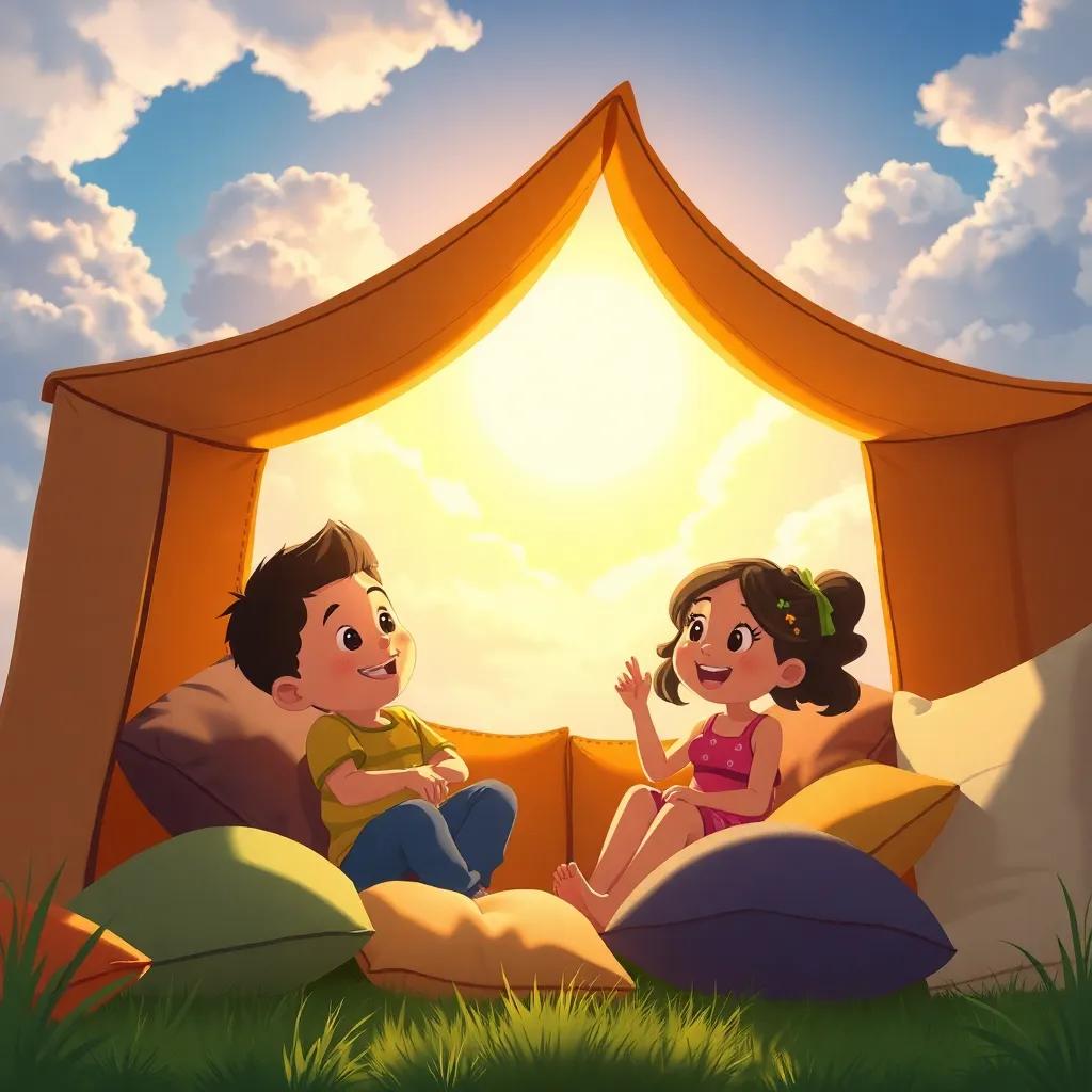 The sun shining bright after the clouds clear, with Pedro and Lila playing together in a makeshift cardboard house filled with cushions, warm light, happy expressions, magical ambiance, illustration, high quality
