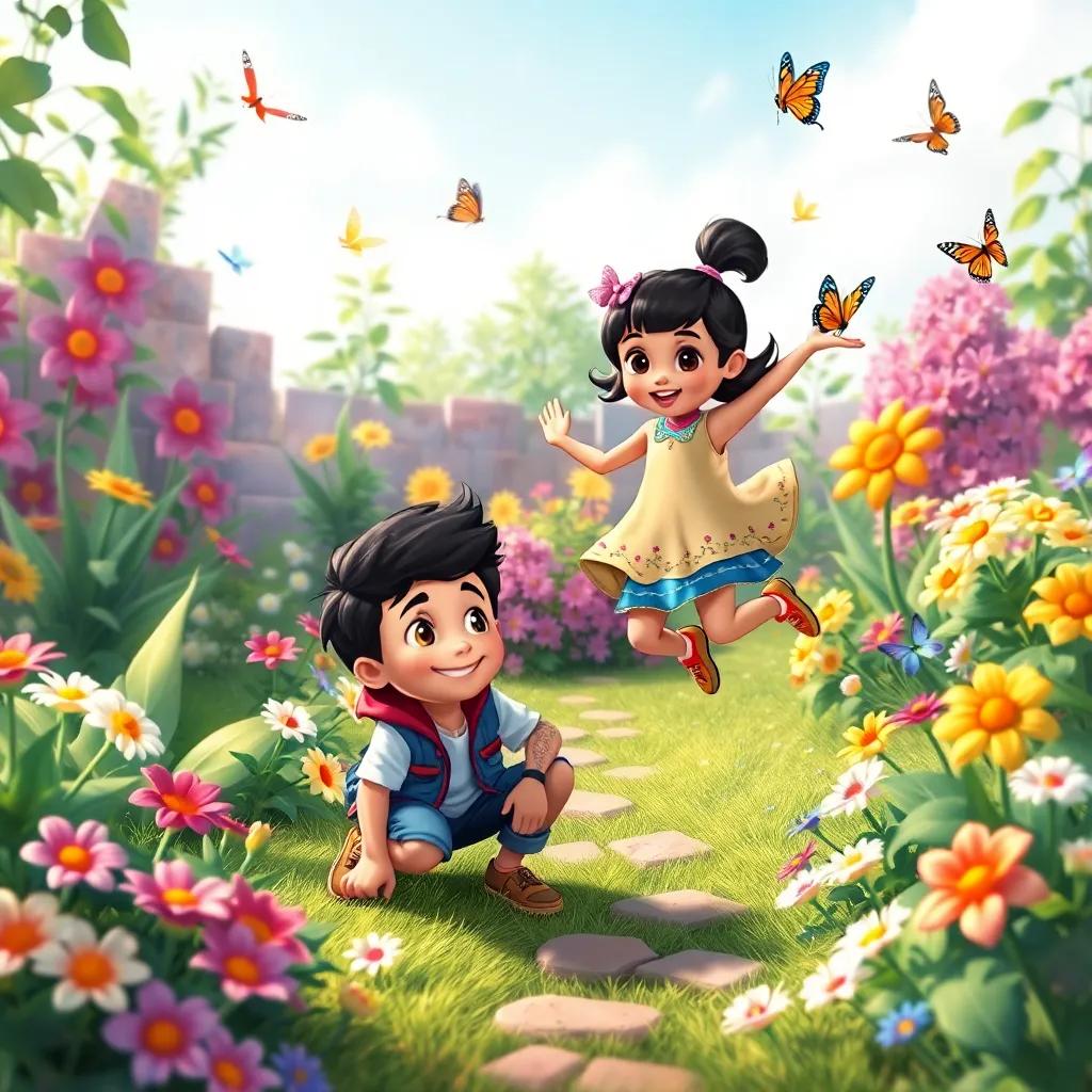 Pedro and Lila exploring their garden, discovering flowers and butterflies, Lila jumping playfully, Pedro crouched down smiling, colorful and lively garden, digital art, cheerful colors, adventure theme, high quality