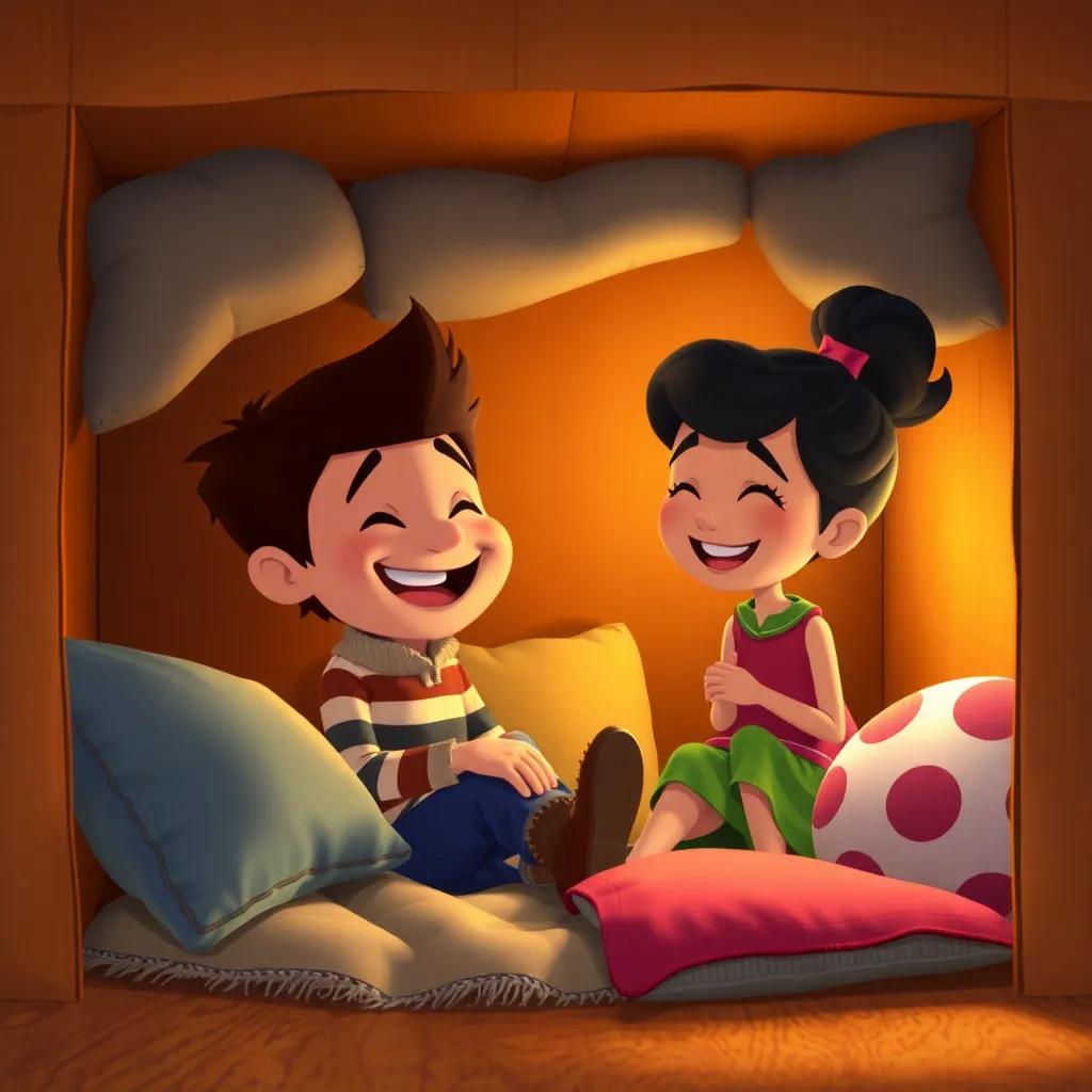 Pedro in his adventure hideout made of cardboard, filled with pillows and blankets, laughing with Lila by his side, warm light, cozy setting, happy moment captured, illustration, high quality