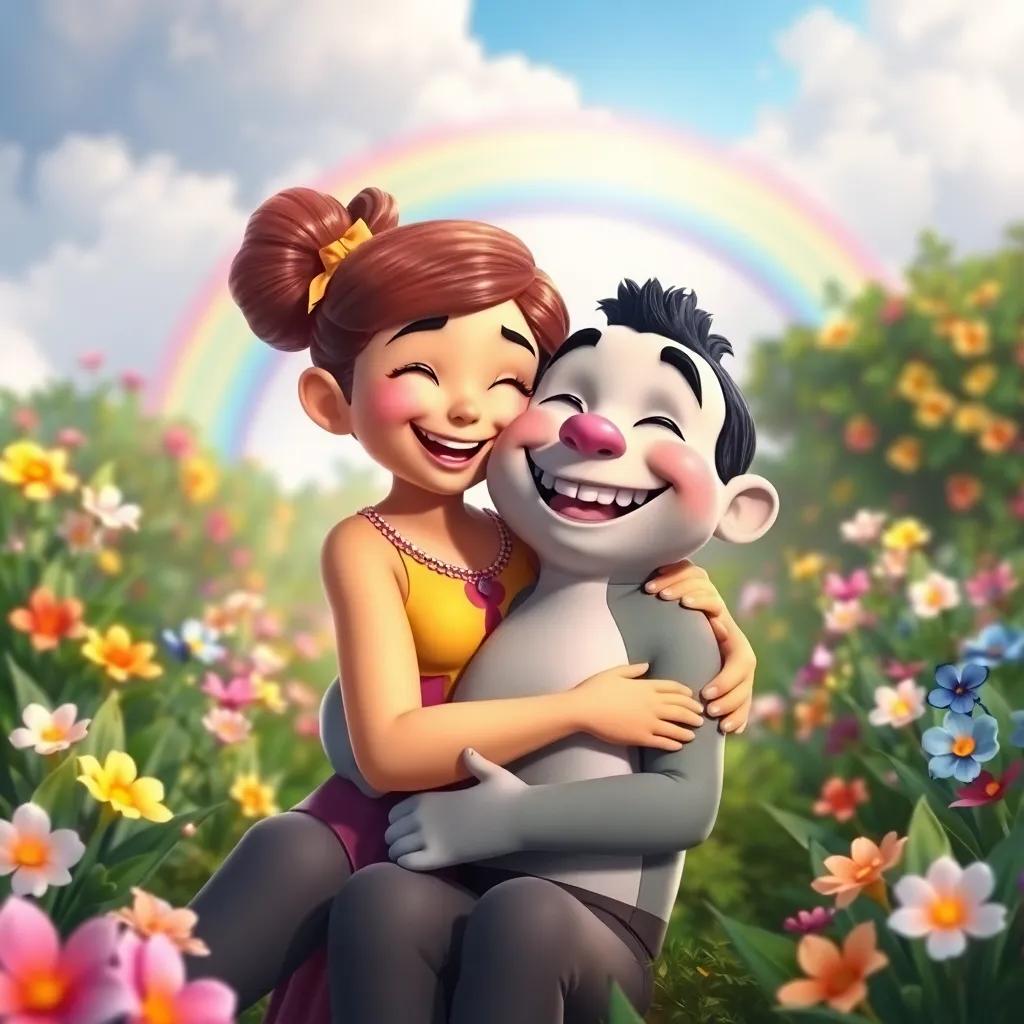 Lila cuddling with Pedro who is smiling widely, both in a beautiful garden with a rainbow in the background, bright colors, happy atmosphere, magical feeling, digital art, high quality