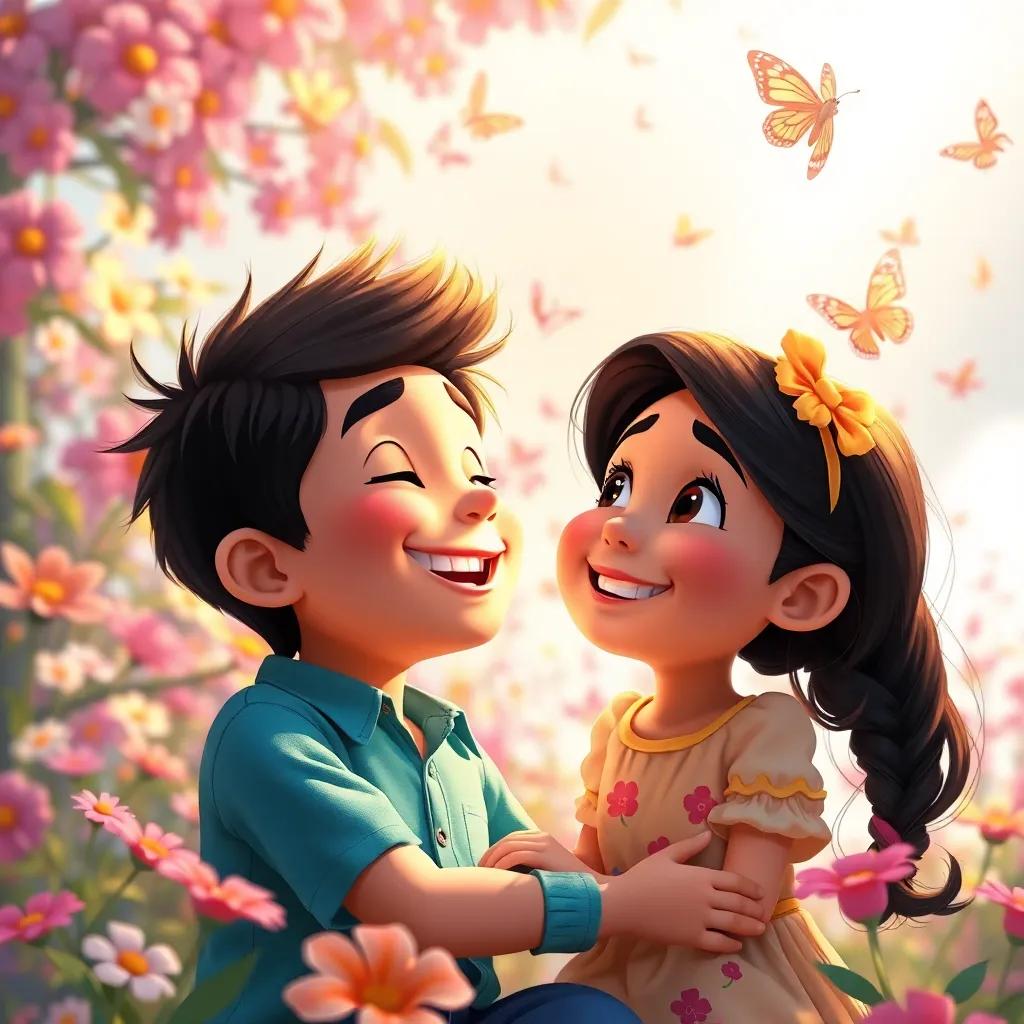 Pedro playing with Lila, both smiling and staring at the bright sky, emphasizing joy and connection, enchanting background of flowers and butterflies, charming colors, heartwarming scene, high quality