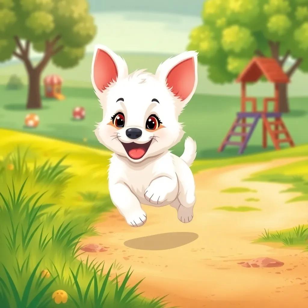 A small puppy, Lila, with fluffy white fur and floppy ears, running towards Leo with a joyful expression, surrounded by grassy fields and children's playground equipment, vibrant colors, cheerful scene, child-friendly, high quality