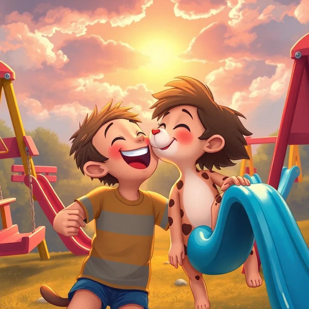 Leo laughing with joy as Lila licks his face, both surrounded by colorful swings and slides, the sun starting to shine through the clouds, lively colors, warm atmosphere, digital painting, engaging perspective, high quality
