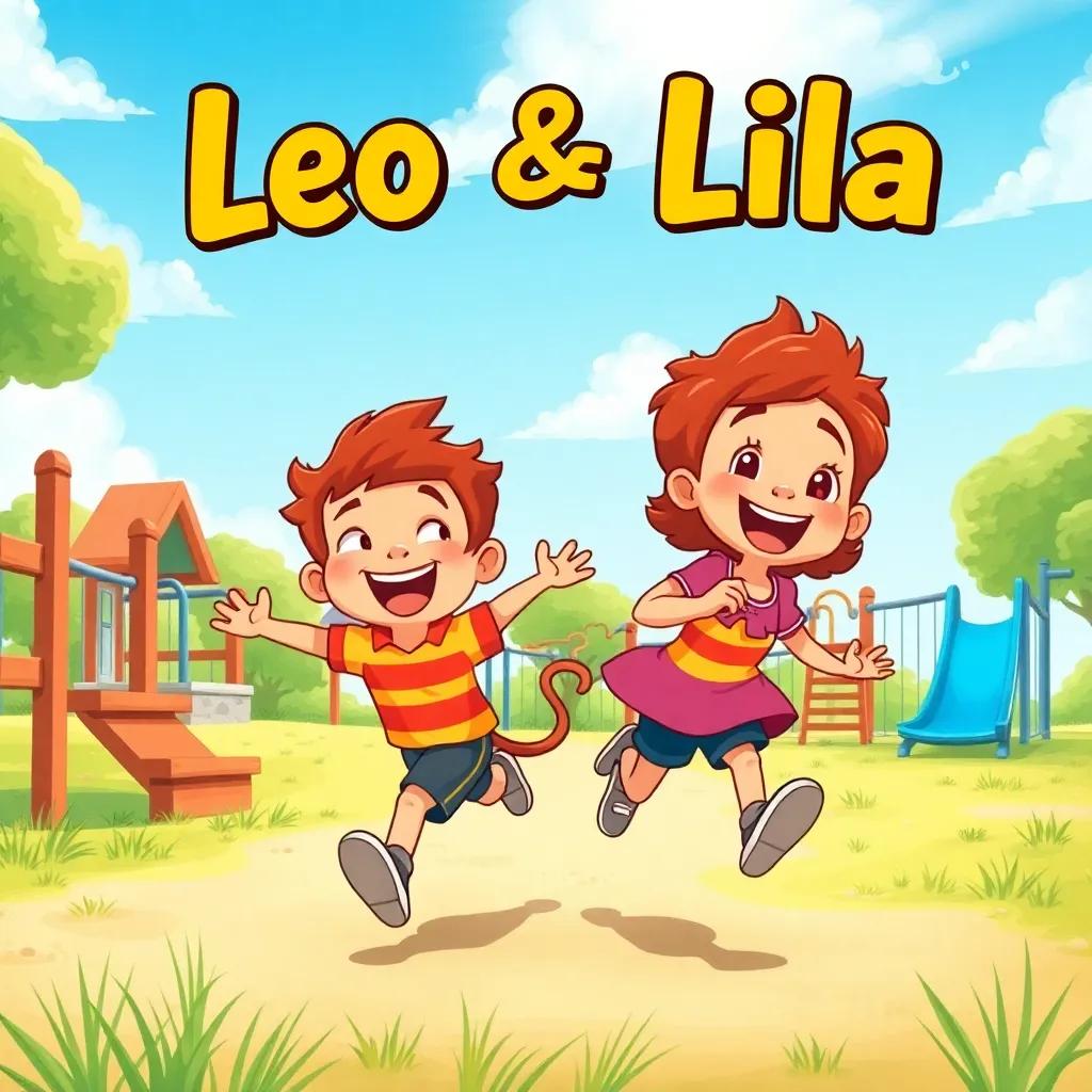 Leo and Lila running together in the playground, Leo smiling brightly, Lila playfully jumping beside him, bright day with blue skies and green grass, fun and playful vibe, dynamic composition, high quality