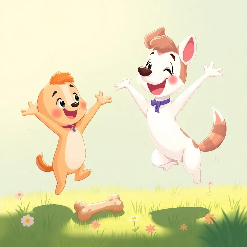 Lila jumping excitedly after Leo finds her bone, both are in a grassy area with a few flowers, happy and colorful scene, joyful expressions, soft sunlight, cheerful atmosphere, high quality