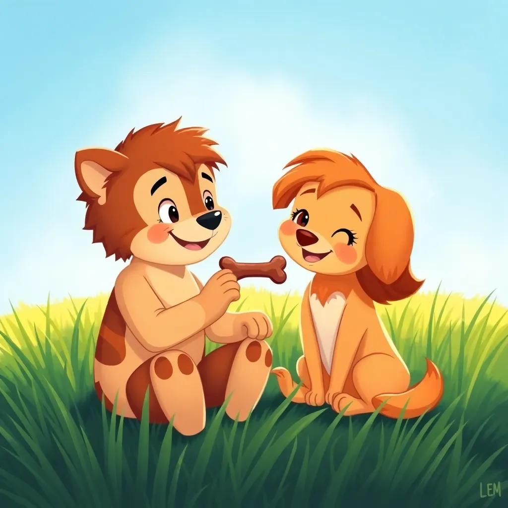 Leo holding the small brown bone he found for Lila, both sitting in the green grass under a bright blue sky, displays of friendship and happiness, vibrant colors, warm lighting, heartwarming scene, high quality