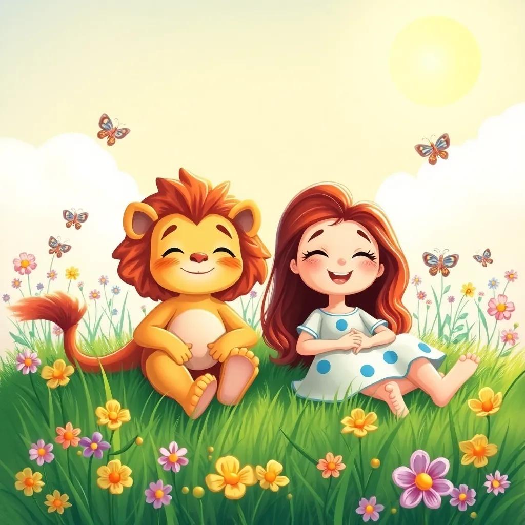 Leo and Lila relaxing on the grass, the sun shining brightly above, surrounded by butterflies and flowers, their expressions peaceful and joyful, vibrant colors, inviting atmosphere, high quality
