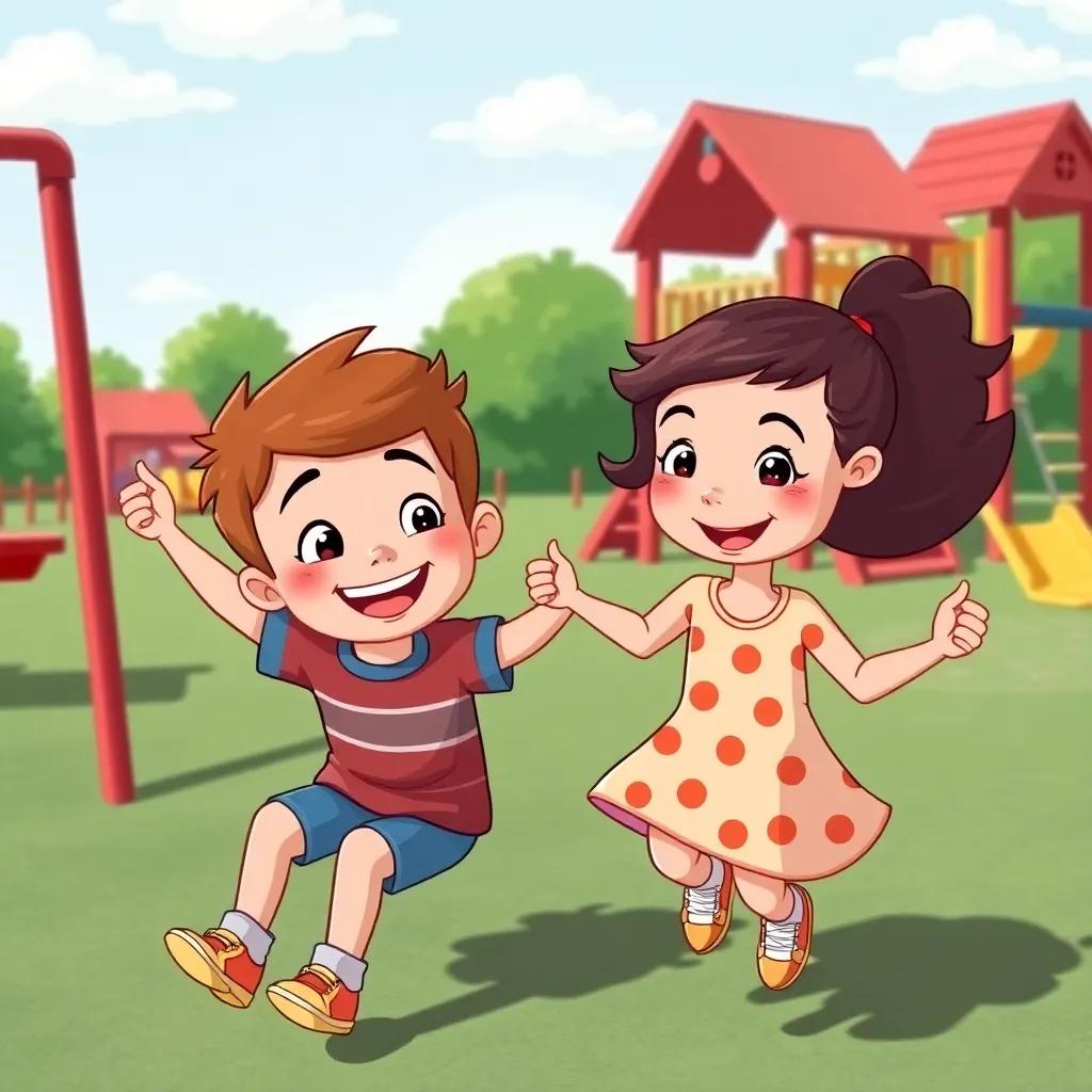 Leo and Lila playing together at the playground, having fun with swings and slides around them, big smiles on their faces, bright colors, lively setting, high quality