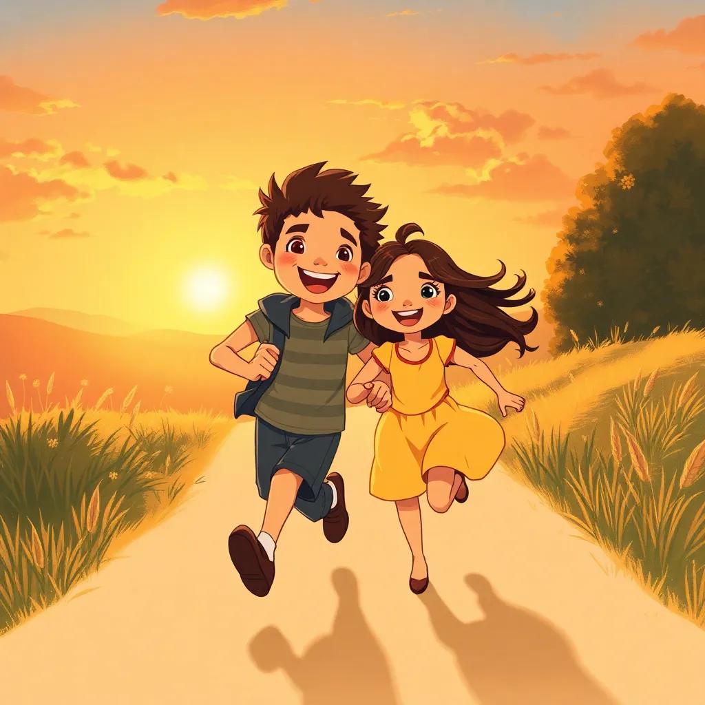 Leo and Lila happily running home at sunset, with golden light surrounding them, their bond visible in their expressions, warm colors, uplifting imagery, high quality